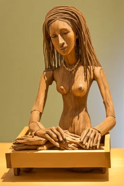 a statue of a woman made of driftwood in a wooden box by assemblage artist "Betye Saar"