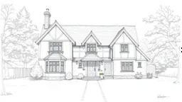 A front elevation fine-line pencil drawing of a partially collapsed Tudor fantasy cottage.