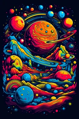 Create a t-shirt design featuring a stunning cosmic scene, with planets, stars, and galaxies. Use vibrant colors and intricate details to make it eye-catching.