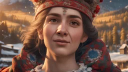 A 14-year-old girl with his beautiful mother, both in Bulgarian folk costumes, against the backdrop of a rustic farmhouse and mountain winter landscape, intriguing, hyper-realistic, detailed, lighting, intricately detailed clothes, dynamic lighting hyperdetailed intricately detailed splash art trending on art station unreal engine 5 volumetric lighting, Camera: POV, Lens: Augmented Reality Lens, Render Style: Isometric Assets, 16K resolution