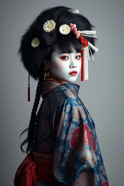 Traditional Native American , full body side view, looking at the viewer, white make up on her face, big hair with large hair ornaments, traditional silk brocade Kimono, studio photograph, very aesthetic, highly detailed, brilliant composition, hyper realistic, photorealistic, subsurface scattering matt painting