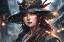 Beautiful girl ronin in 8k anime realistic drawing style, kindred mask, close picture, rain, apocalypse, intricate details, highly detailed, high details, detailed portrait, masterpiece,ultra detailed, ultra quality