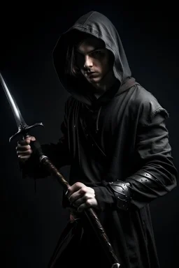 young human rogue holding a dagger in dark medieval clothing hood down full body
