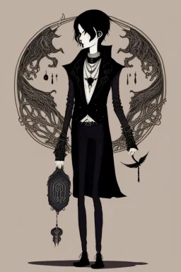 black haired young man necromancer wizard with gothic jewelry in the style of edward gorey