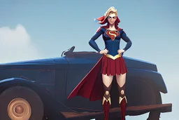 Supergirl driving an old 'Ford T'