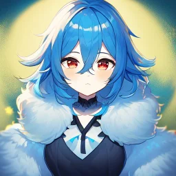 Clear focus, High resolution, rough line art, cute, cartoon, medium blue hair, hair between eyes, fluffy hair, red eyes, intricately detailed outfit