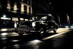 a black Citroen DS speeding on the illuminated Champs d'Elysées in Paris at night, vintage comic style