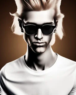 a tall guy who is skinny and scrawny with blond hair and blond beard. his hair is to the left side and he wears glasses. he is wearing a white t-shirt, black jeans and has straight teeth and brown shoes. matrix style