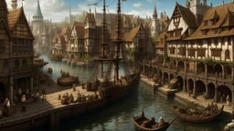 gothic medieval harbour with ships, piers, houses, shops, inns, balconies, plants, people, market