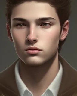  boy, cute, young, teen, brown hair, brown eyes, medium hair, close up, head and shoulders portrait, head and shoulders portrait, 8k resolution concept art portrait by Greg Rutkowski,