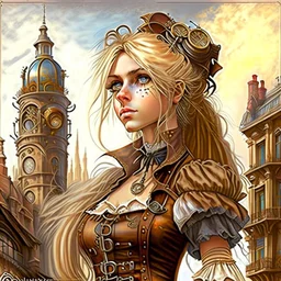 In the style of Jean-Baptiste Monge, a blonde woman with big brown eyes, in steampunk style . long hair. Charming view. Short top, around the Gothic buildings. Detailed clothing. Detailed view. soft colors