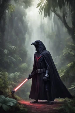 [photo realistic] a old Raven standing with a Sith cape and a Lightsaber, using the force, jungle in the background