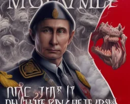 evil Russia president Vladimir Putin satan with fangs , Moscow in fire