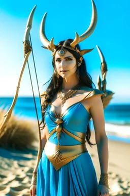 A picture of a blue faced Indian goddess with skin painted blue, wild black hair, deer antlers, elven ears, golden skirt, holding a bow on a sunny beach