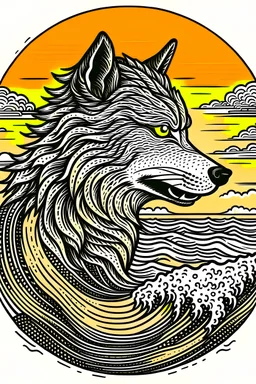 the great wave in the shape of the head of a wise grey wolf from the side and a prominent sunset in the background vector art