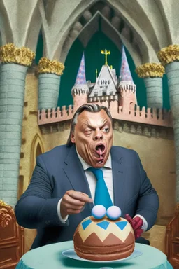 ugly viktor orban in a suite eating birthday cake in a castle. There are soccer balls around