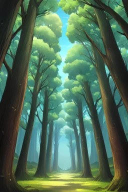 forest tree columns with paths in ghibli style as a colouring book