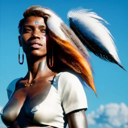 A beautiful portrait of a cyberpunk cyborg black tribal woman with lot's of grain on her skin and big tribal tatoos all over the skin, with natural hair floating in the wind cyborg smiling facing camera orange color scheme, high key lighting, volumetric light high details with white stripes and feathers unreal 5, octane render, cinema4d, dynamic lighting, dramatic lighting, 4k, redshift render, highly detailed, hyper realistic