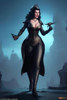 Ava Gardner as evil queen in black leather, busty, cleavage, curvy, angry, stern look. character design by cory loftis, fenghua zhong, ryohei hase, ismail inceoglu and ruan jia. unreal engine 5, artistic lighting, highly detailed, photorealistic, fantasy