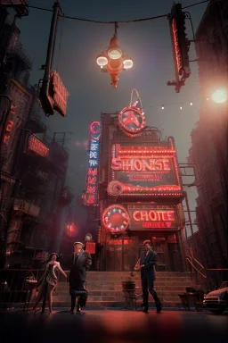 American shot view, cabaret scene, steampunk. Medium shot view, old Asian man + little monkey, Sunglasses, smoking, happy, hot. Many people background, highly detailed, concept art, unreal engine 5, god rays, ray tracing, RTX, lumen lighting, ultra detail, volumetric lighting, 3d, finely drawn, high definition, high resolution.