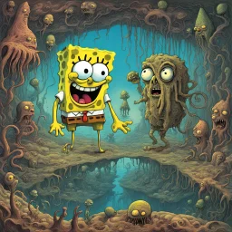 Lovecraftian SpongeBob Squarepants caricature, 'he lives in a nightmare under the sea', alternate zombie SpongeBob and zombie Squidward, by Zdzislaw Beksinski, by Jack Davis, by Salvador Dali, twisted macabre neo surrealism, sinister unnatural horror comic book underwater landscape, horror art, creepy eerie dystopia.