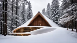 7195, rule of thirds, delightful, sensitive, confident, undulating sinusoidal theatre with pointed hyperbolic roofs, forest, delicate, thick snow, symmetrical, exquisite architecture, innovative design, perfect symmetry, award-winning photograph, beautiful composition, filled with beautiful detail, delicate colour, chiaroscuro