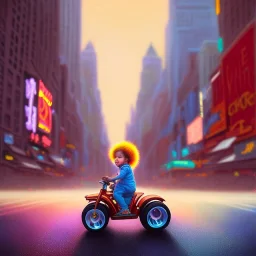 A one-year-old boy rides on the cow in the middle of a busy street in new york. photographic, bright colors and sunset, fantasy art, Anna Dittmann, digital painting, dan mumford, oil on canvas, jeff koons, akihito yoshida, wlop, kodachrome.