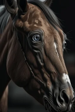 Horse with small overly realistic human eyes, scary