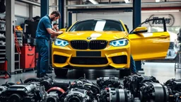 A car repair shop where two people in work clothes are repairing a yellow BMW M6 series with an eye-catching theme in a sophisticated and special repair shop where a collection of car engine parts is arranged on the floor at the bottom of the image.