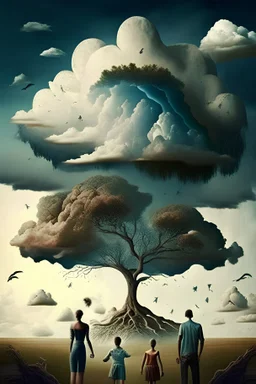 surrealistic picture of some clear weather and some storms and happy family and family tree