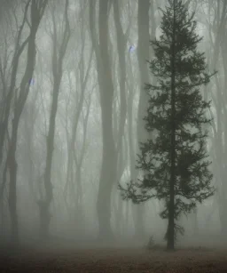 christmas tree in a misty swamp