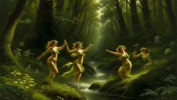 Nymphs Dancing in a stream, in a woodland clearing