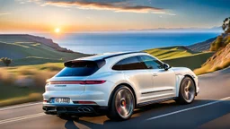 A sleek white shiny (((Porsche Bntayga SUPER))), its contours and details perfectly captured in a (((cinematic view))), zipping along a winding road under a beautiful blue black night sky