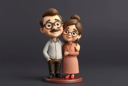 Create a cute premium 3D animated collectible figurine scene of the uploaded couple, using their photo only as the identity reference. Turn them into an adorable husband and wife standing close together on a small round display base. Preserve their recognizable age, facial features, hairstyle, glasses if present, skin tone, and warm loving expressions, but render them in a soft Pixar-style/clay-toy figurine look. The man stands on the left with a gentle smile, one arm lovingly around the woman's