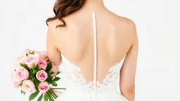 Back view of a bride in a white wedding dress facing forward in a bust with a bouquet of pink roses in her left hand on a white background