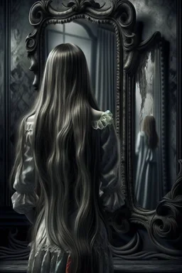 back view of a woman, beautiful long hair, her reflection in a mirror is an empty face, symbolism for the question "who am I", 32k, Mysterious and gothic, chaotic