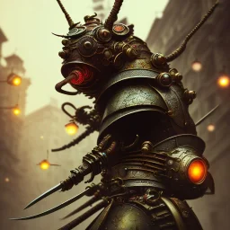 close-up of a insect with samurai armor in a low-light city street with laterns, realistic, steampunk, 3d-art, futuristic, minimal design, unreal engine