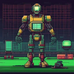 A pixel art cyberpunk version of the best football predictor master pundit soccer master robot
