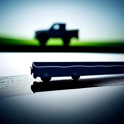 photorealistic shot, Toy R C truck, monotone color palette, sharp focus, puddle reflection, refraction, mist on the horizon, shadowcast, detailed and intricate, intense cinematic composition