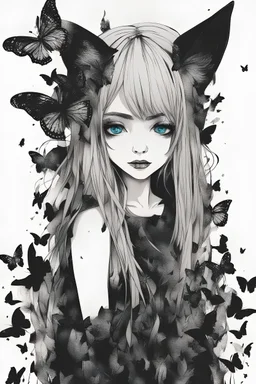 sfondo astratto nero con farfalle. ragazza con capelli neri e blu lunghi con orecchie da lupo.