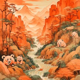 A light rosy orange colored oriental gorge with pandas designed in Chinese paper art painted by Zosan