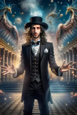 portrait of cool street magician dressed in suit, background is of a cross with octopus arms outstretched up towards heaven, hair standing straight up, fluffy clouds,white pupils, elaborate cape, angels and demons, fireflies , staircase with closed gates of heaven, 4 k, down light, depth of field, trending on art station, high detail, cracked ground