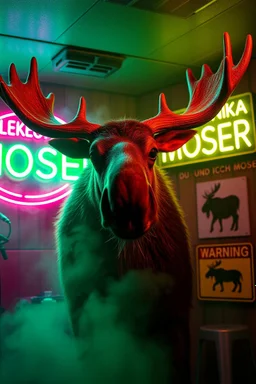 An big female moose with big eyes "Veronika Moser" performing at dance club, her name is "Moser" HAIRY FRUITS EVERYWERE On stage, Green Neon lights and smog, and "VERONIKA MOSER" big sign on the wall, "DU UND ICH UND MOSER" red plate sign, Yellow warning sign with moose
