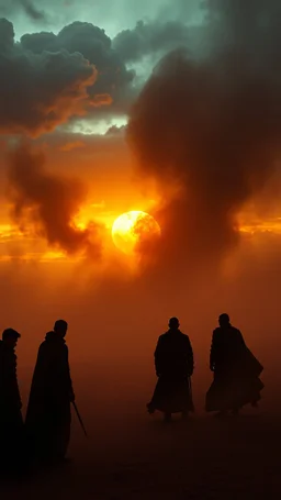 Bosch painting style nightmare , 3D ,a group of men in black in a dramatic misty scene of the sunset time in a stormy weather in the desert background, high Quality picture , 8k