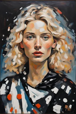 Oskar Kokoschka oil impasto painting Portrait of beautiful female supermodel, Features: with blonde hair, Clothing: Wearing a futuristic black poncho with white dots everywhere, distressed style, designed by Nike and Tom Sachs, Settings: professional color grading