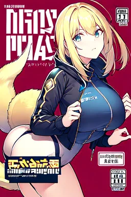 blonde girl with tails waring jacket, line arts, manga cover