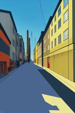 Bauhaus style city street stockholm, sloped street, street scene, cel - shading, flcl, jet set radio future, golden hour, Swedish town, concentrated buildings, swedish neighborhood, cel - shaded, strong shadows, vivid hues, y 2 k aesthetic