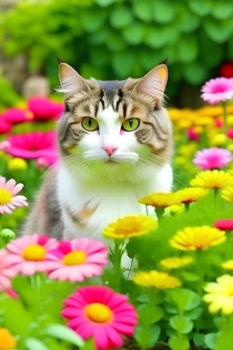 Cute cat in the flower garden