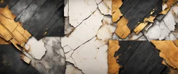 Hyper Realistic black & golden grungy multicolored broken wooden planks with rustic marble texture & vignette effect