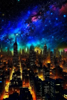 New York City buildings at night in Abstract Fluid, Galaxy nebula